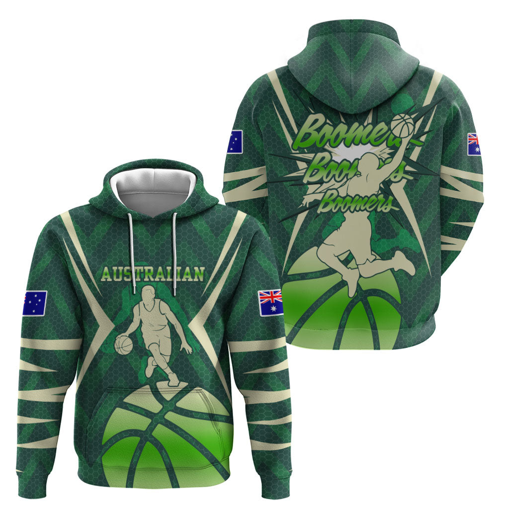 Australian Boomers Basketball Hoodie Green Hexagon Camo Style With Dynamic Slam Dunk Graphic