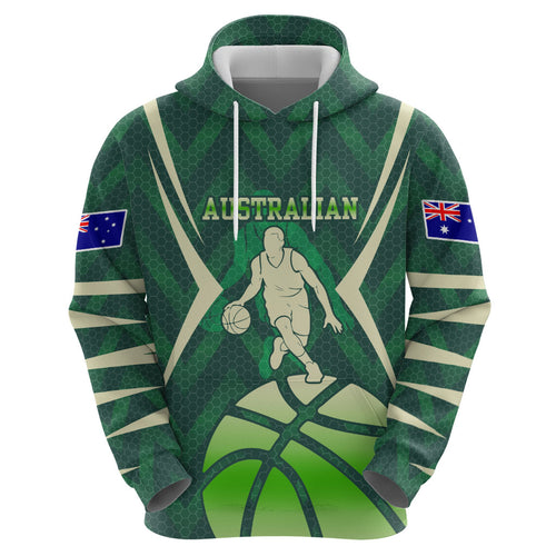 Australian Boomers Basketball Hoodie Green Hexagon Camo Style With Dynamic Slam Dunk Graphic