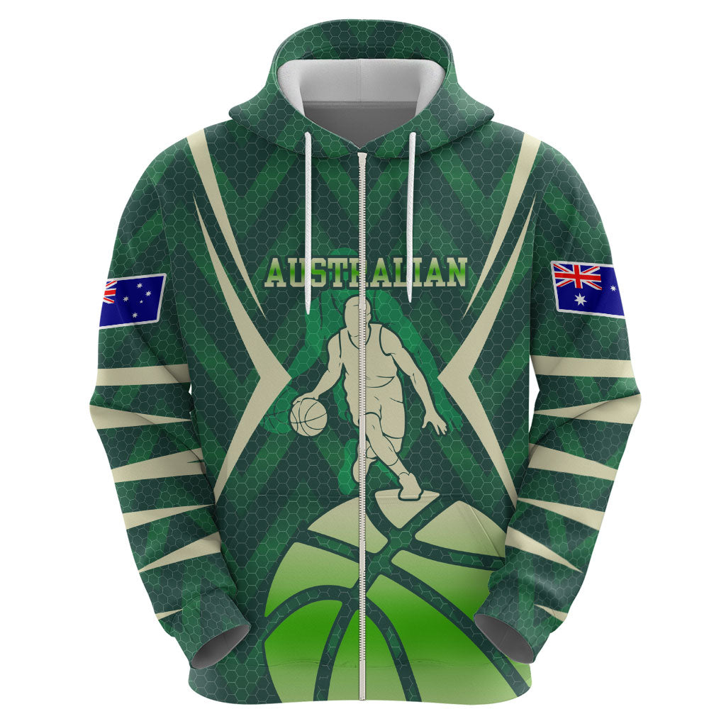 Australian Boomers Basketball Hoodie Green Hexagon Camo Style With Dynamic Slam Dunk Graphic