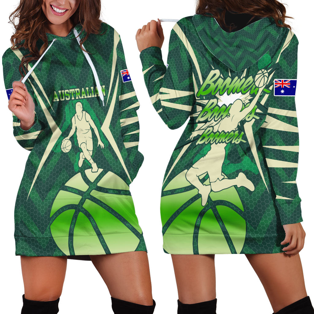 Australian Boomers Basketball Hoodie Dress Green Hexagon Camo Style With Dynamic Slam Dunk Graphic