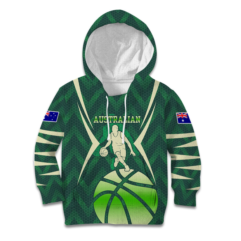 Australian Boomers Basketball Kid Hoodie Green Hexagon Camo Style With Dynamic Slam Dunk Graphic