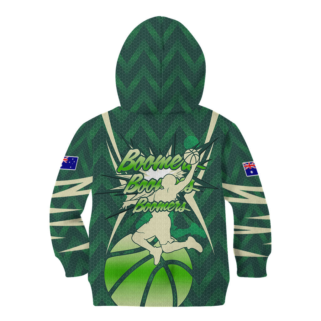Australian Boomers Basketball Kid Hoodie Green Hexagon Camo Style With Dynamic Slam Dunk Graphic