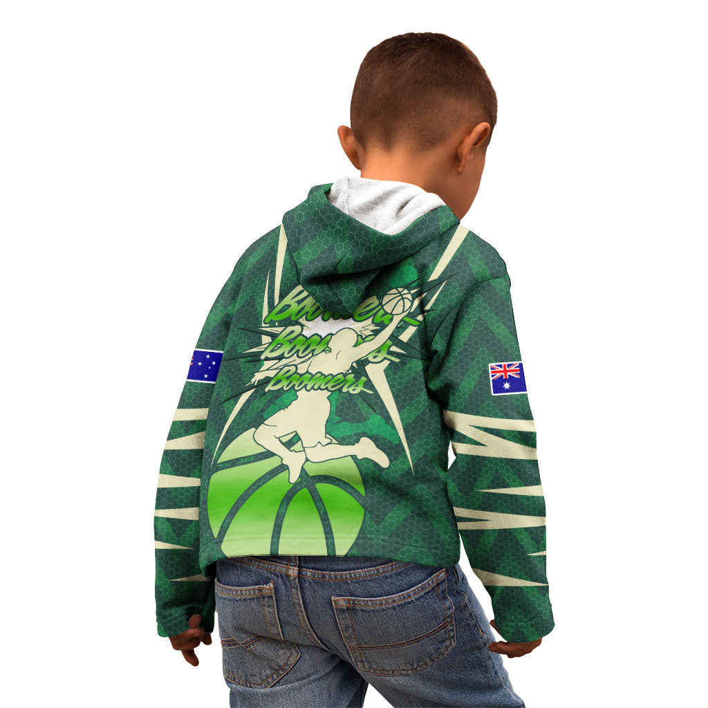 Australian Boomers Basketball Kid Hoodie Green Hexagon Camo Style With Dynamic Slam Dunk Graphic
