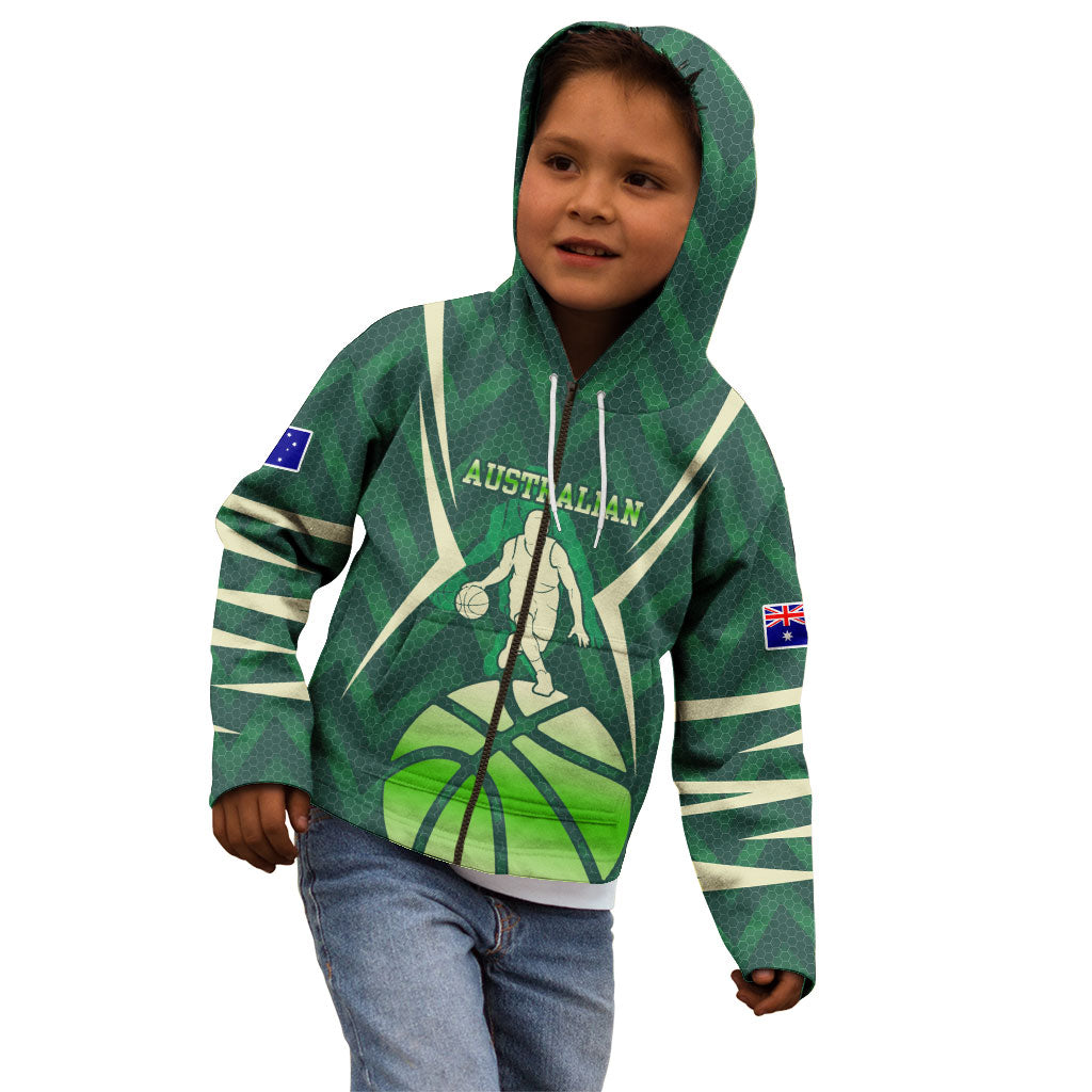 Australian Boomers Basketball Kid Hoodie Green Hexagon Camo Style With Dynamic Slam Dunk Graphic