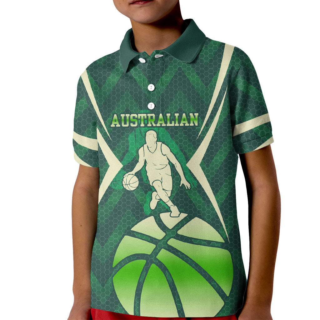 Australian Boomers Basketball Kid Polo Shirt Green Hexagon Camo Style With Dynamic Slam Dunk Graphic
