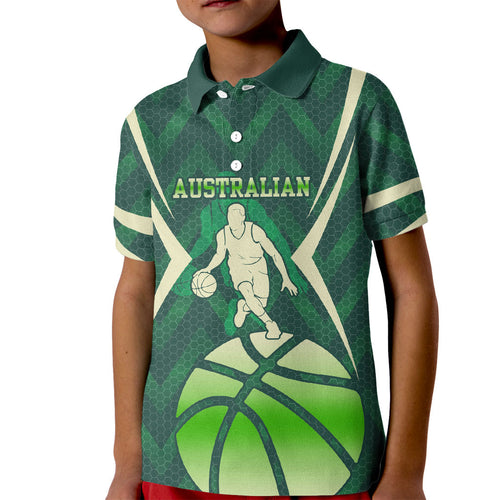 Australian Boomers Basketball Kid Polo Shirt Green Hexagon Camo Style With Dynamic Slam Dunk Graphic