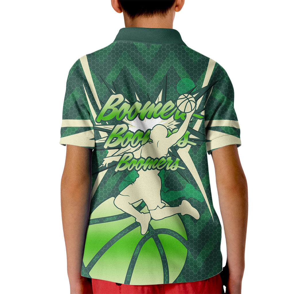 Australian Boomers Basketball Kid Polo Shirt Green Hexagon Camo Style With Dynamic Slam Dunk Graphic