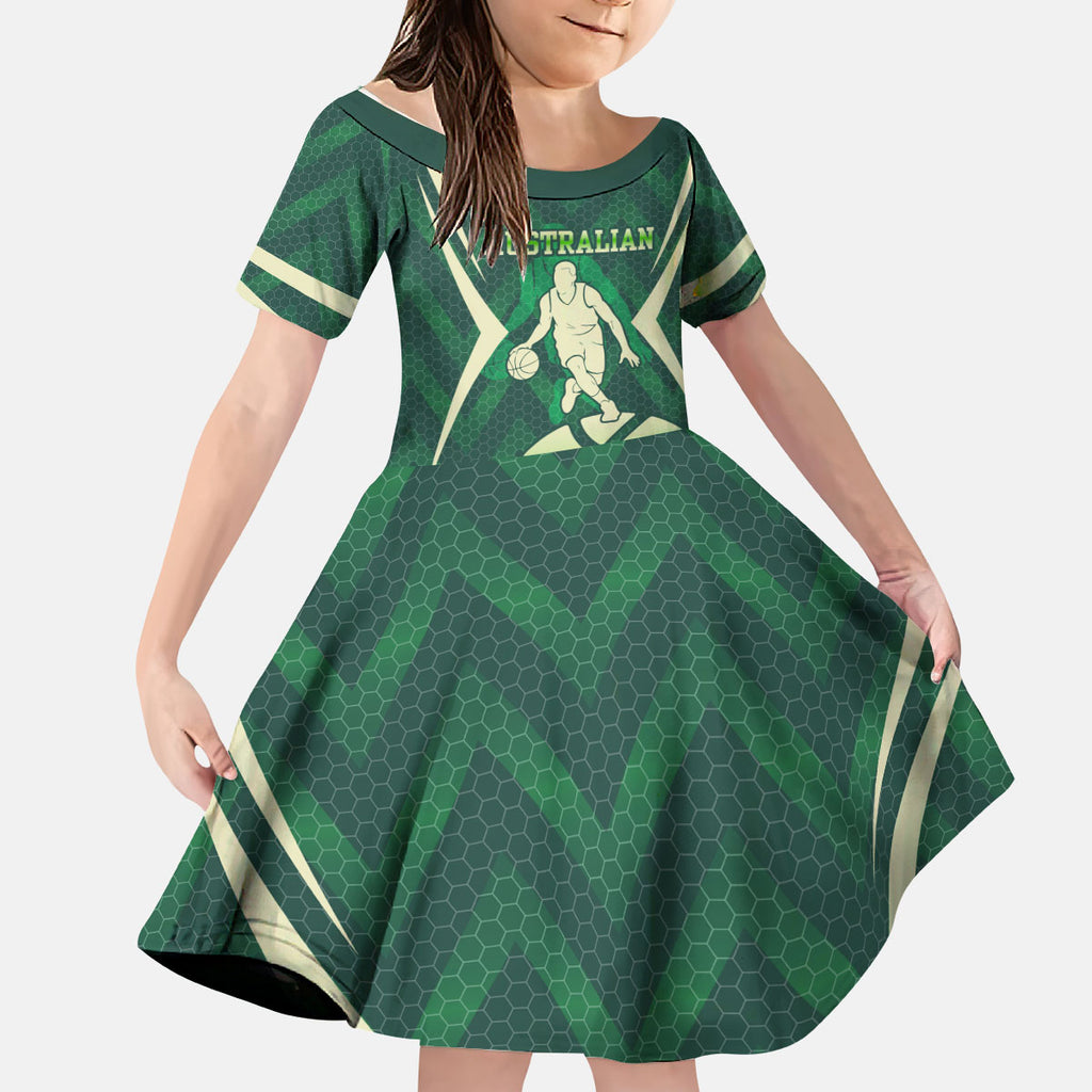 Australian Boomers Basketball Kid Short Sleeve Dress Green Hexagon Camo Style With Dynamic Slam Dunk Graphic