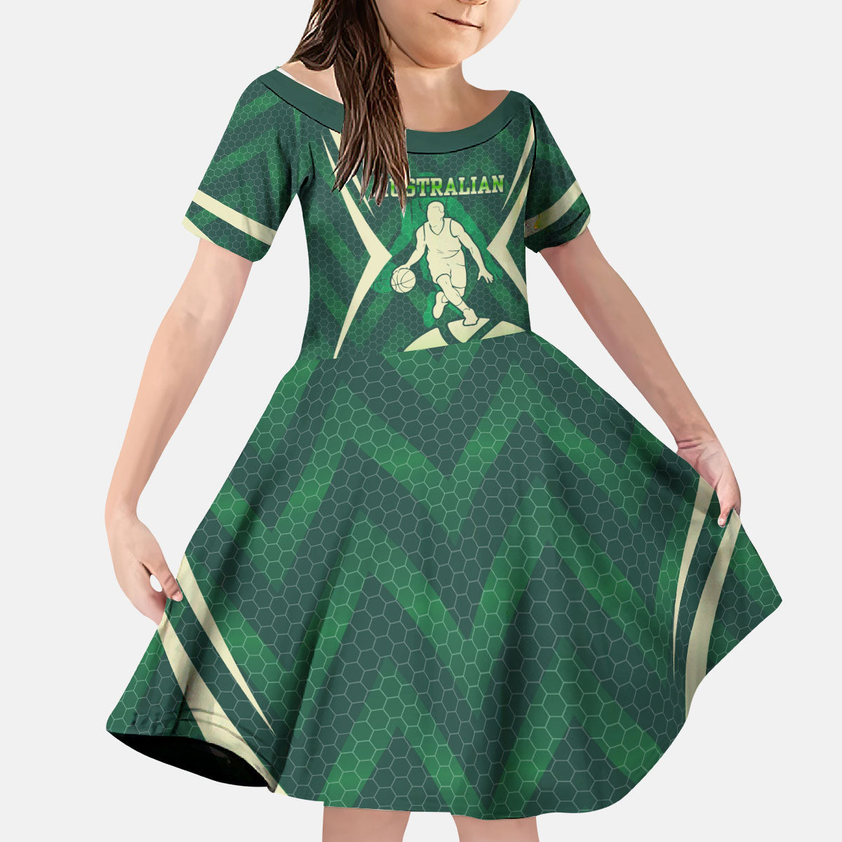 Australian Boomers Basketball Kid Short Sleeve Dress Green Hexagon Camo Style With Dynamic Slam Dunk Graphic