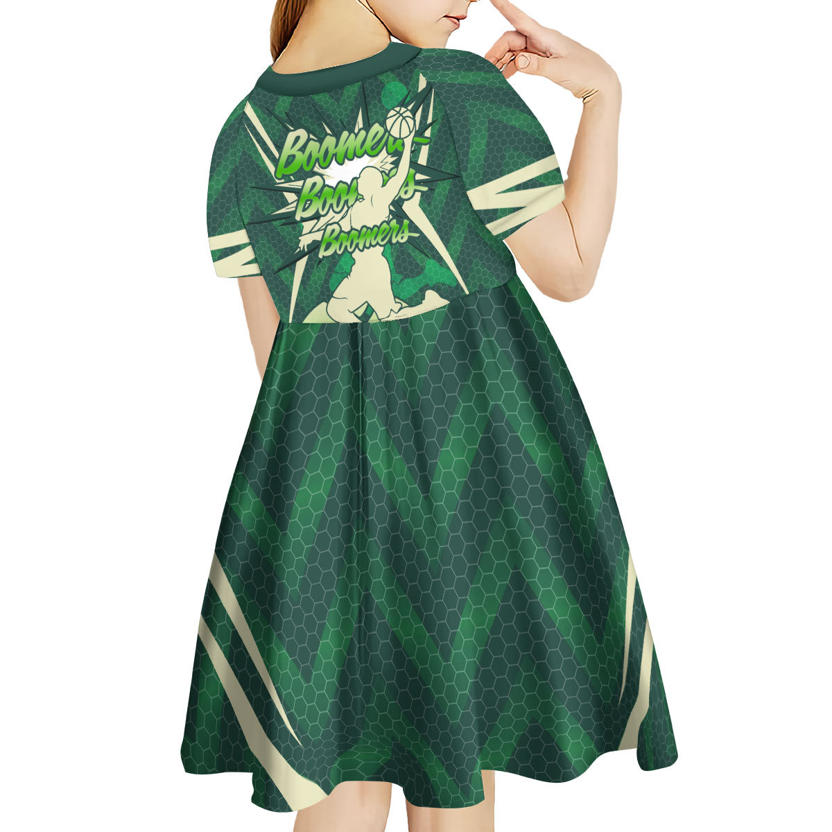 Australian Boomers Basketball Kid Short Sleeve Dress Green Hexagon Camo Style With Dynamic Slam Dunk Graphic