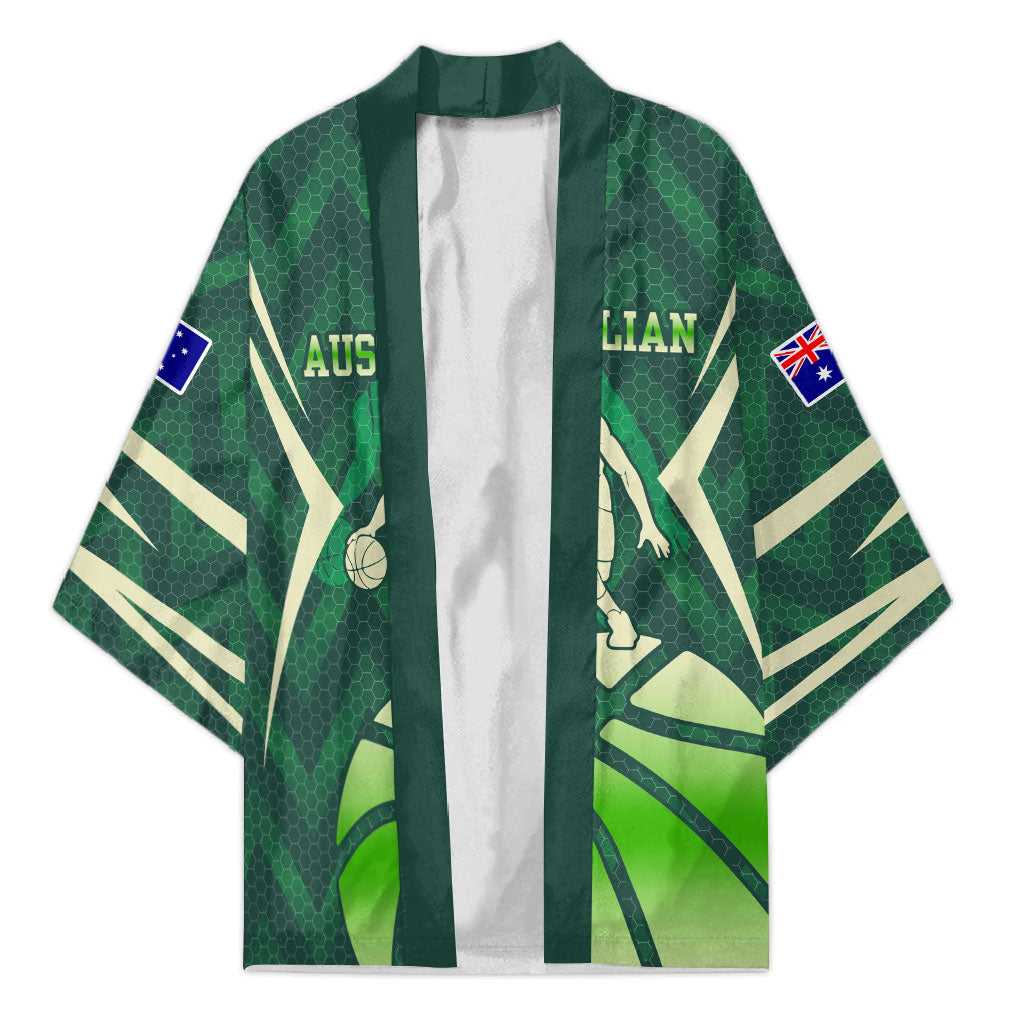 Australian Boomers Basketball Kimono Green Hexagon Camo Style With Dynamic Slam Dunk Graphic