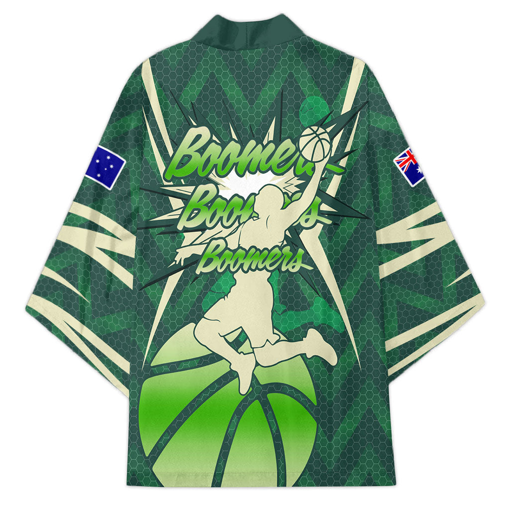 Australian Boomers Basketball Kimono Green Hexagon Camo Style With Dynamic Slam Dunk Graphic