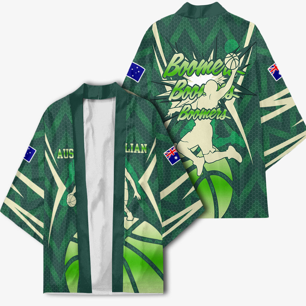 Australian Boomers Basketball Kimono Green Hexagon Camo Style With Dynamic Slam Dunk Graphic