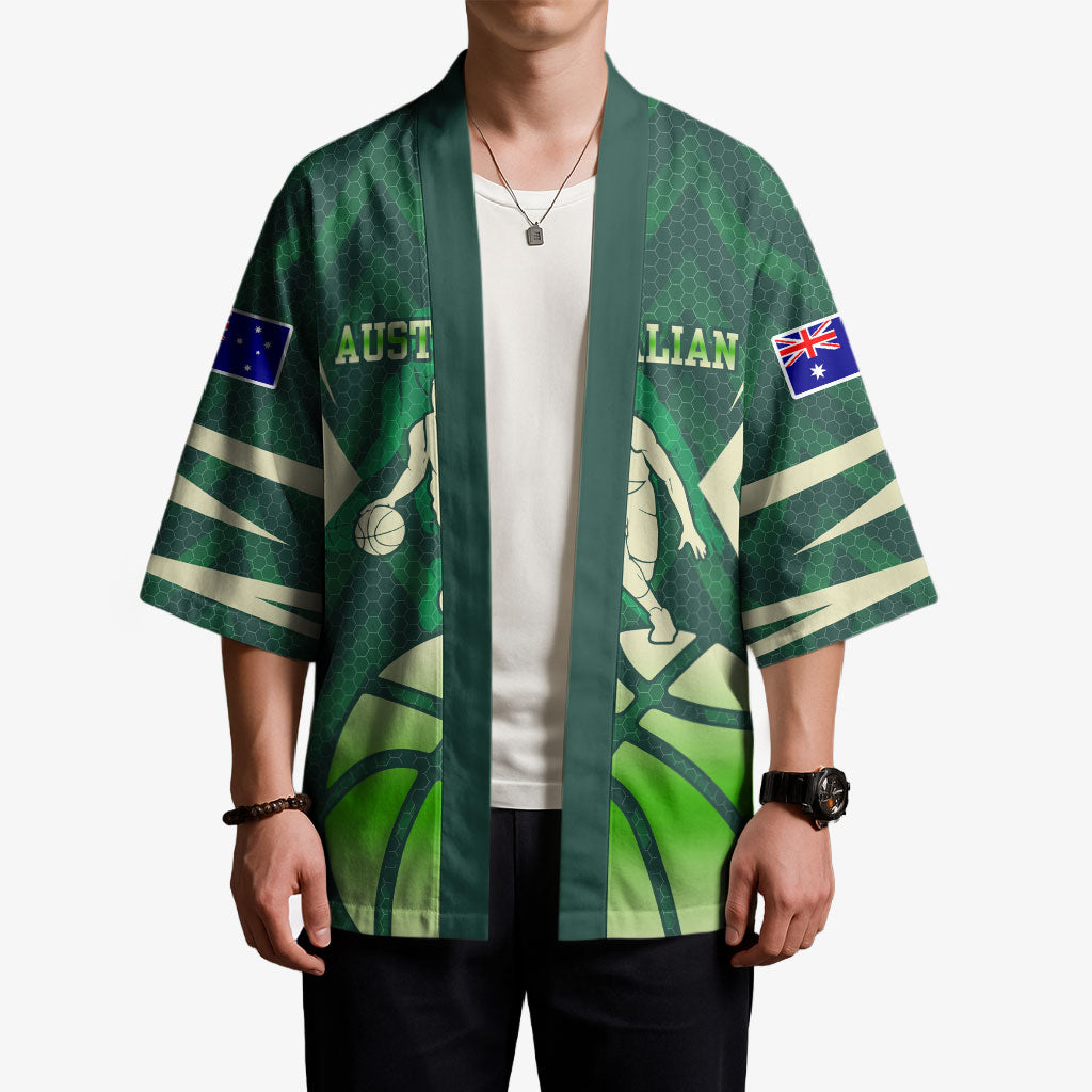 Australian Boomers Basketball Kimono Green Hexagon Camo Style With Dynamic Slam Dunk Graphic
