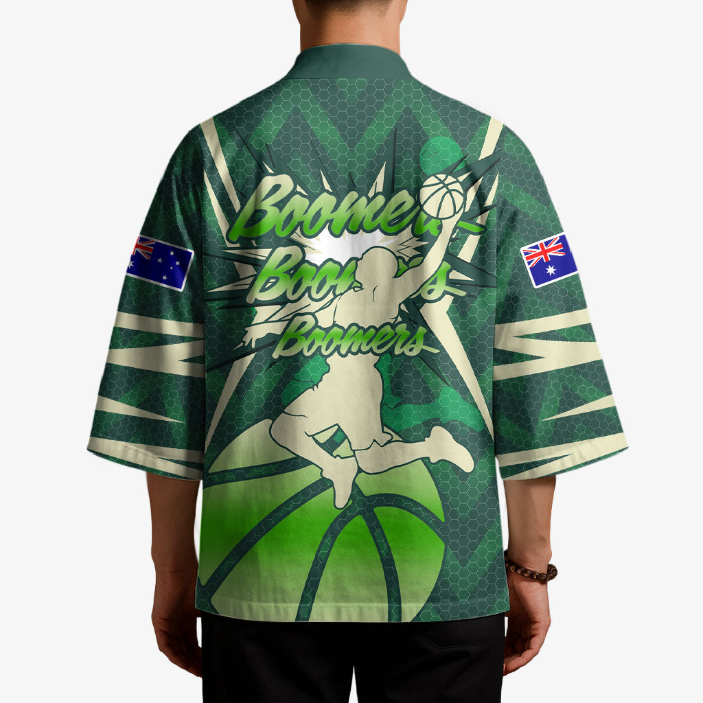 Australian Boomers Basketball Kimono Green Hexagon Camo Style With Dynamic Slam Dunk Graphic