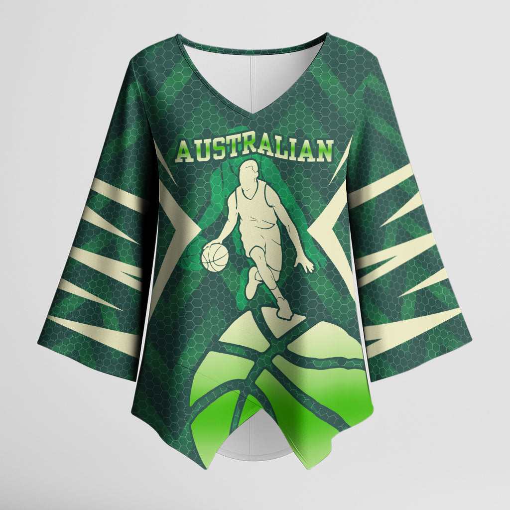 Australian Boomers Basketball Kimono Sleeve Blouse Green Hexagon Camo Style With Dynamic Slam Dunk Graphic