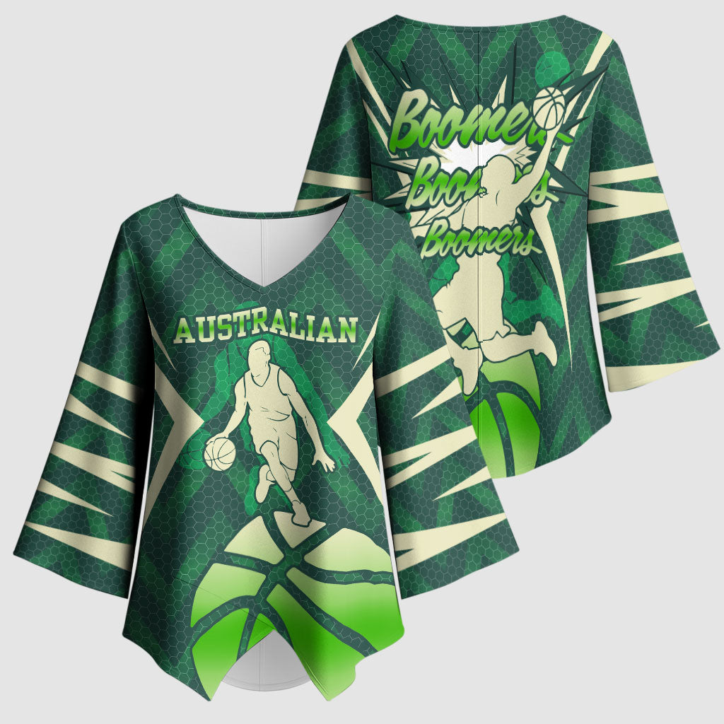 Australian Boomers Basketball Kimono Sleeve Blouse Green Hexagon Camo Style With Dynamic Slam Dunk Graphic