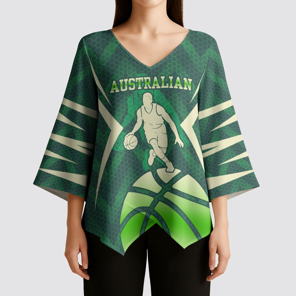 Australian Boomers Basketball Kimono Sleeve Blouse Green Hexagon Camo Style With Dynamic Slam Dunk Graphic