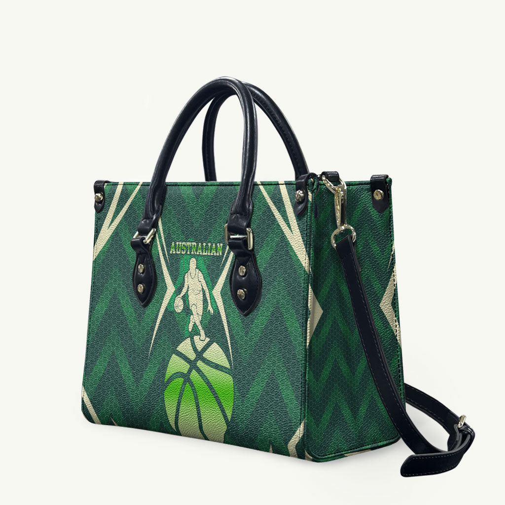 Australian Boomers Basketball Leather Bag Green Hexagon Camo Style With Dynamic Slam Dunk Graphic