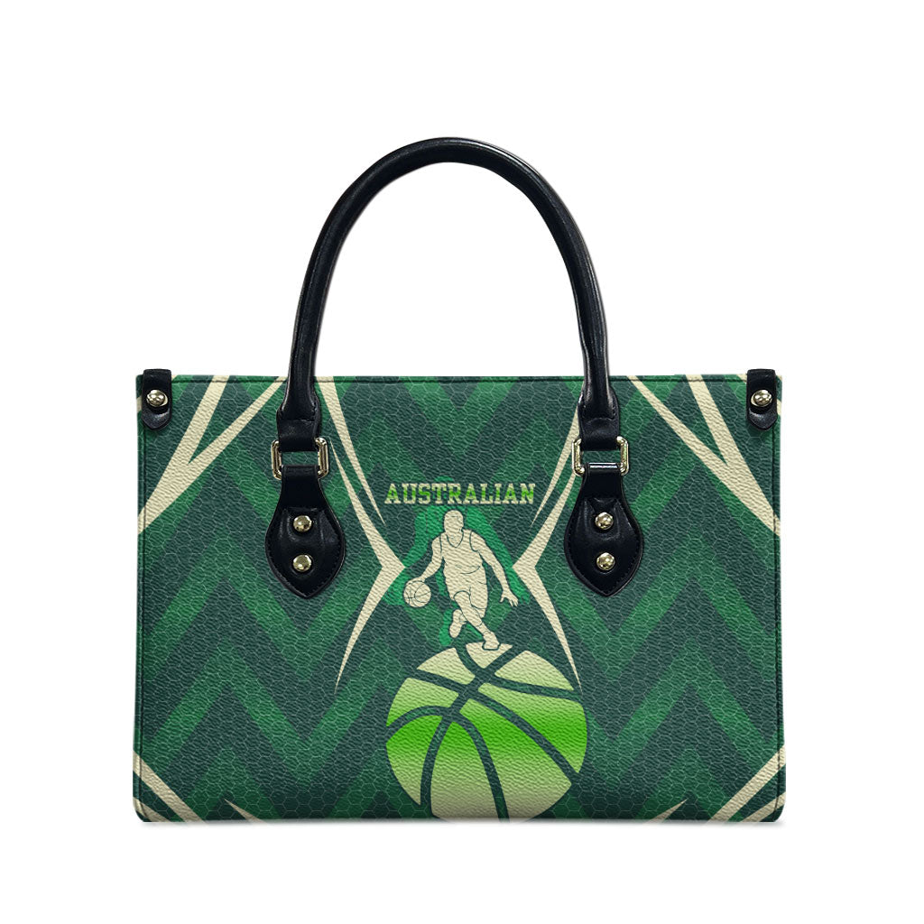 Australian Boomers Basketball Leather Bag Green Hexagon Camo Style With Dynamic Slam Dunk Graphic