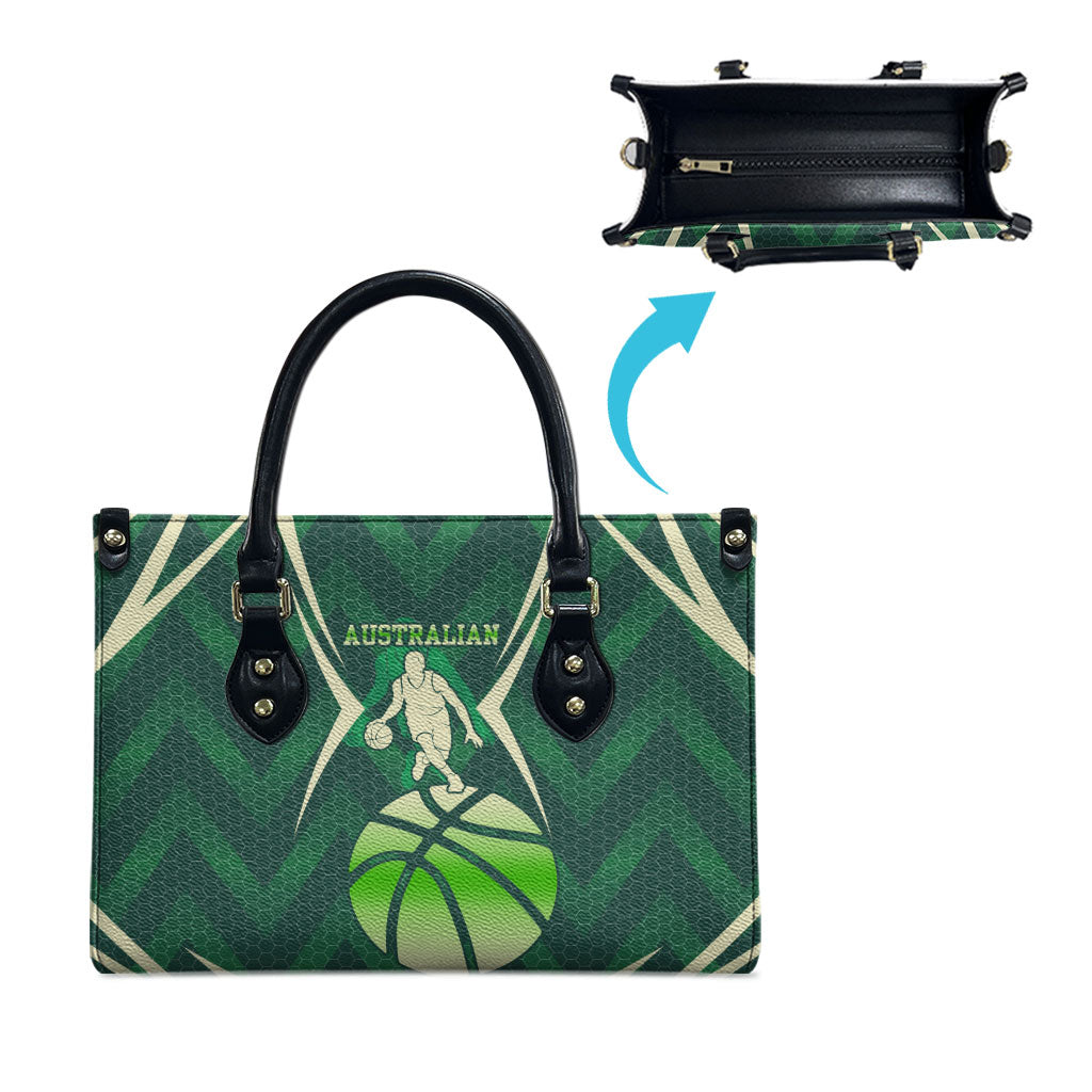Australian Boomers Basketball Leather Bag Green Hexagon Camo Style With Dynamic Slam Dunk Graphic