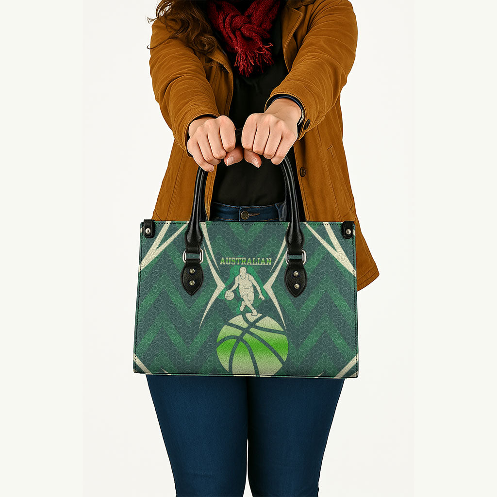 Australian Boomers Basketball Leather Bag Green Hexagon Camo Style With Dynamic Slam Dunk Graphic