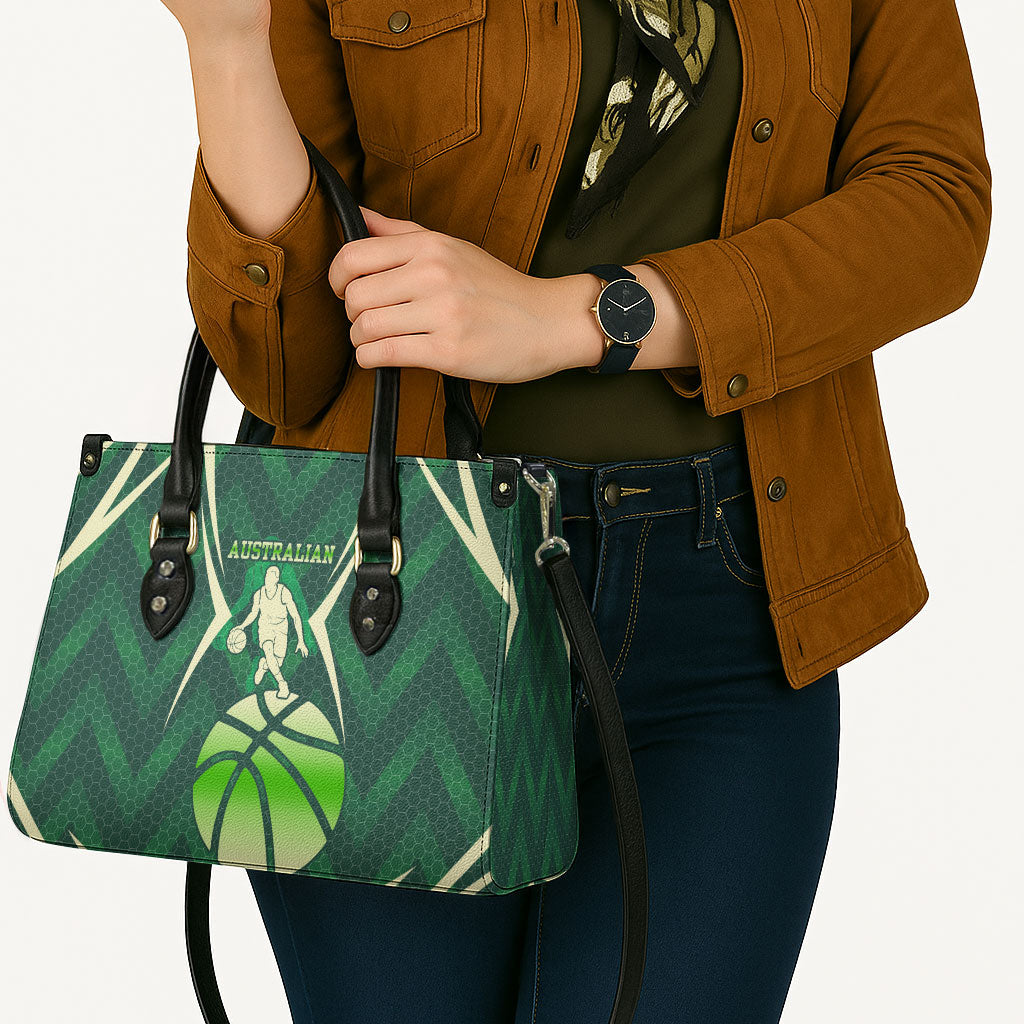 Australian Boomers Basketball Leather Bag Green Hexagon Camo Style With Dynamic Slam Dunk Graphic