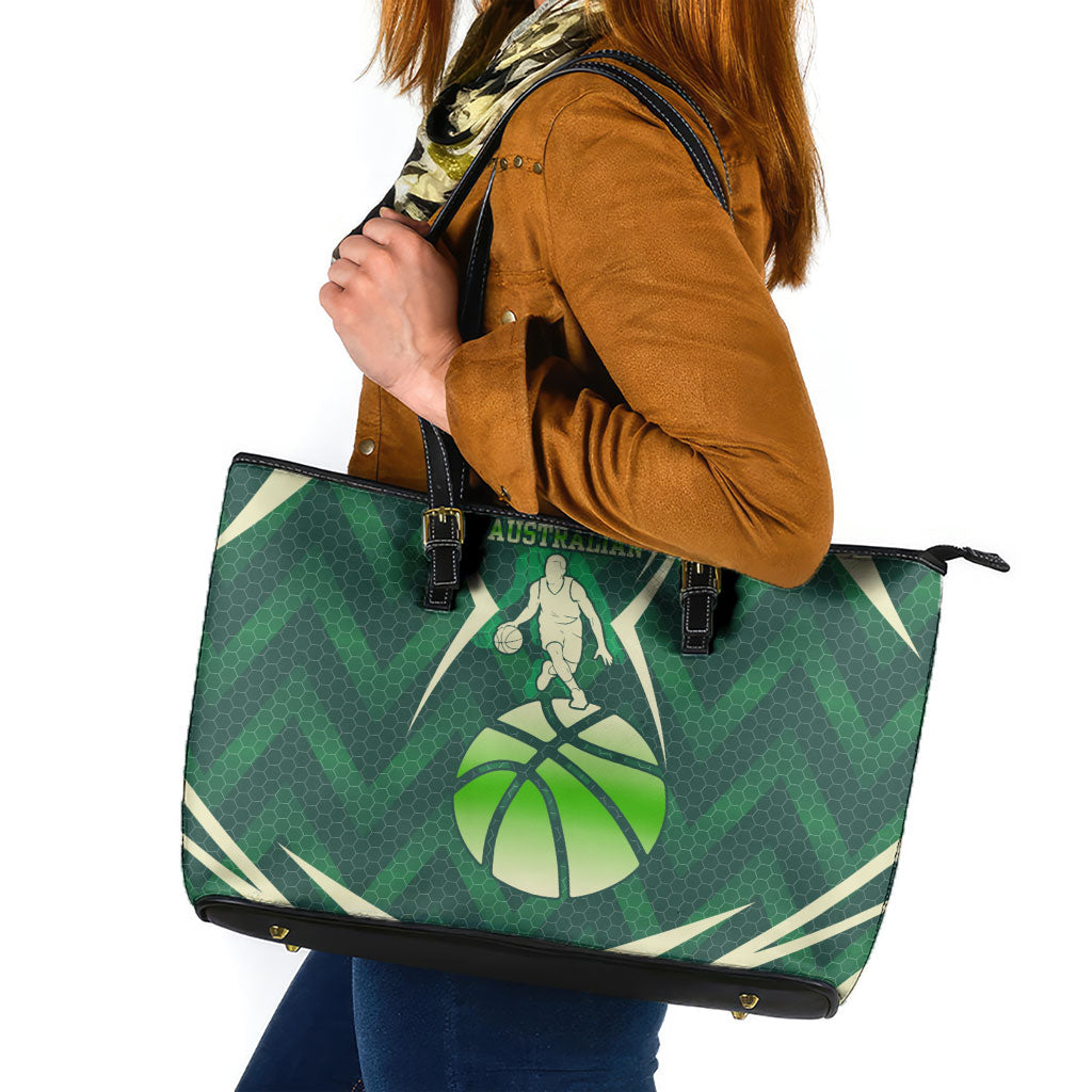 Australian Boomers Basketball Leather Tote Bag Green Hexagon Camo Style With Dynamic Slam Dunk Graphic