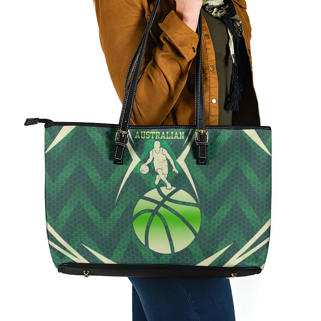 Australian Boomers Basketball Leather Tote Bag Green Hexagon Camo Style With Dynamic Slam Dunk Graphic