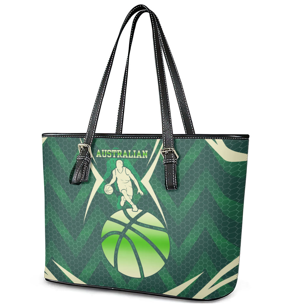 Australian Boomers Basketball Leather Tote Bag Green Hexagon Camo Style With Dynamic Slam Dunk Graphic