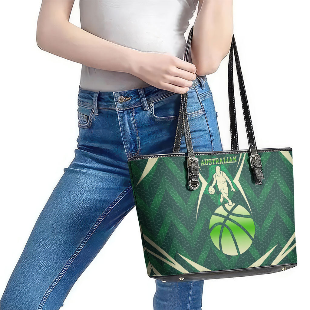 Australian Boomers Basketball Leather Tote Bag Green Hexagon Camo Style With Dynamic Slam Dunk Graphic