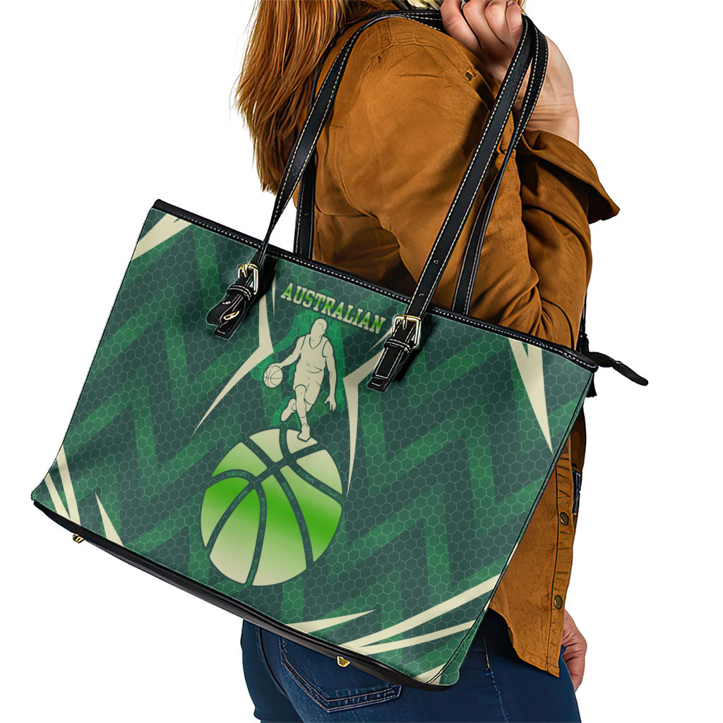 Australian Boomers Basketball Leather Tote Bag Green Hexagon Camo Style With Dynamic Slam Dunk Graphic