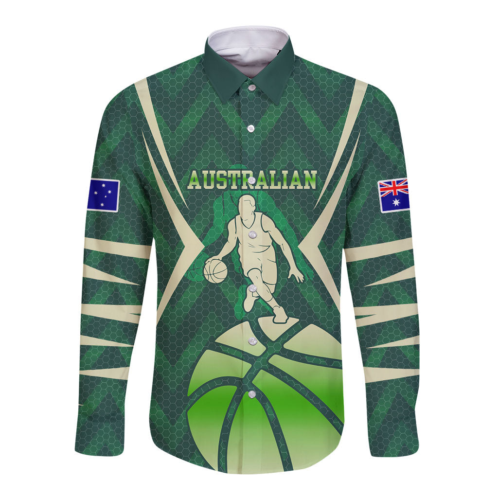 Australian Boomers Basketball Long Sleeve Button Shirt Green Hexagon Camo Style With Dynamic Slam Dunk Graphic