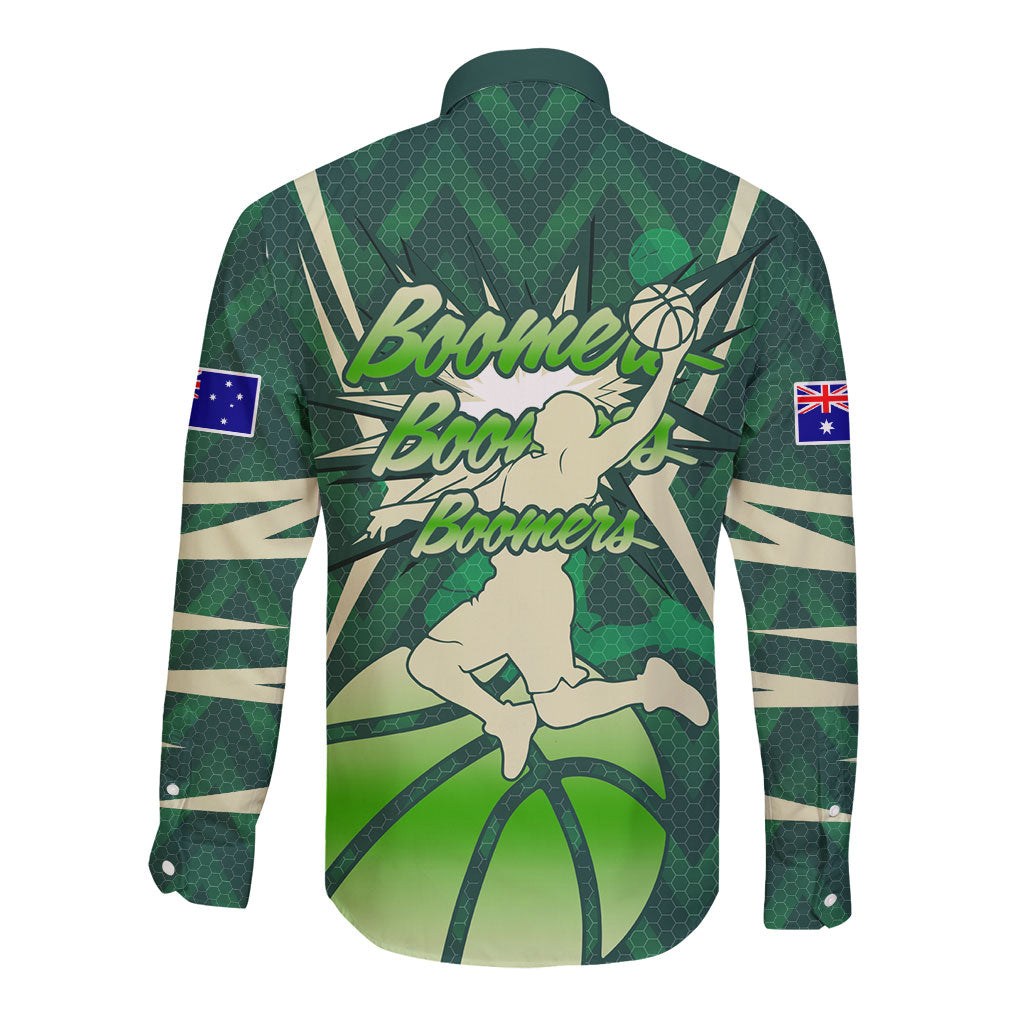 Australian Boomers Basketball Long Sleeve Button Shirt Green Hexagon Camo Style With Dynamic Slam Dunk Graphic