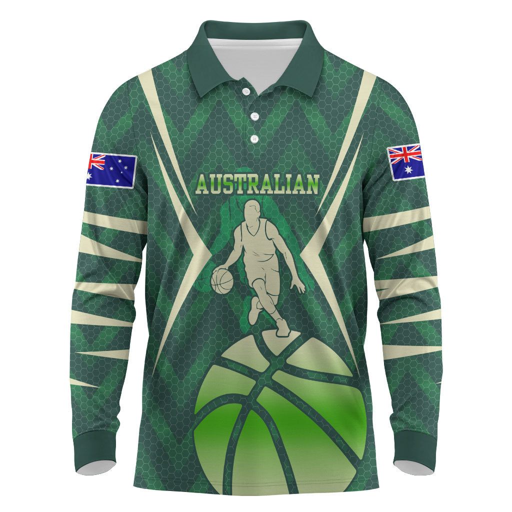 Australian Boomers Basketball Long Sleeve Polo Shirt Green Hexagon Camo Style With Dynamic Slam Dunk Graphic