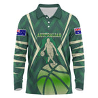 Australian Boomers Basketball Long Sleeve Polo Shirt Green Hexagon Camo Style With Dynamic Slam Dunk Graphic