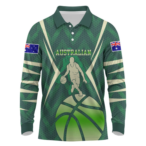 Australian Boomers Basketball Long Sleeve Polo Shirt Green Hexagon Camo Style With Dynamic Slam Dunk Graphic