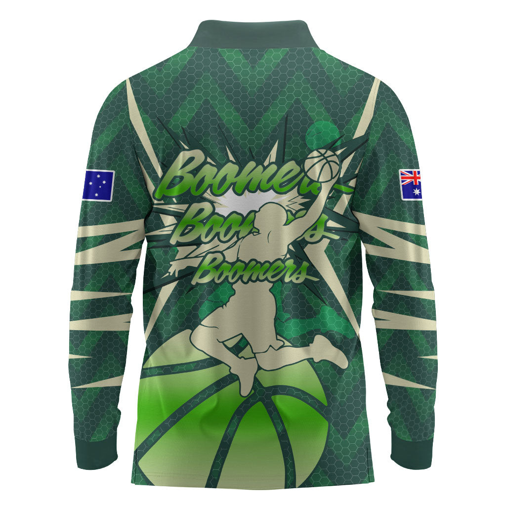 Australian Boomers Basketball Long Sleeve Polo Shirt Green Hexagon Camo Style With Dynamic Slam Dunk Graphic