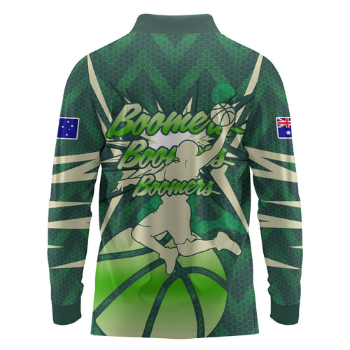 Australian Boomers Basketball Long Sleeve Polo Shirt Green Hexagon Camo Style With Dynamic Slam Dunk Graphic