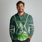 Australian Boomers Basketball Long Sleeve Polo Shirt Green Hexagon Camo Style With Dynamic Slam Dunk Graphic