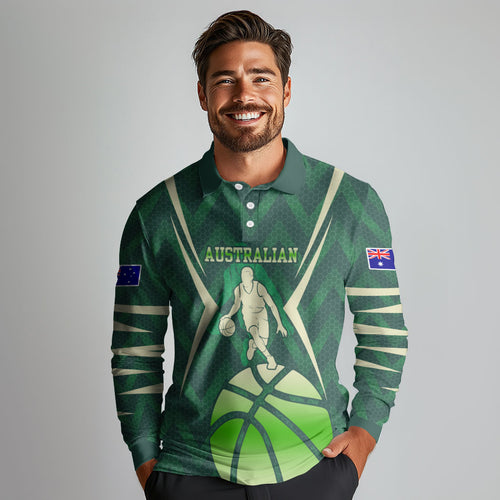 Australian Boomers Basketball Long Sleeve Polo Shirt Green Hexagon Camo Style With Dynamic Slam Dunk Graphic