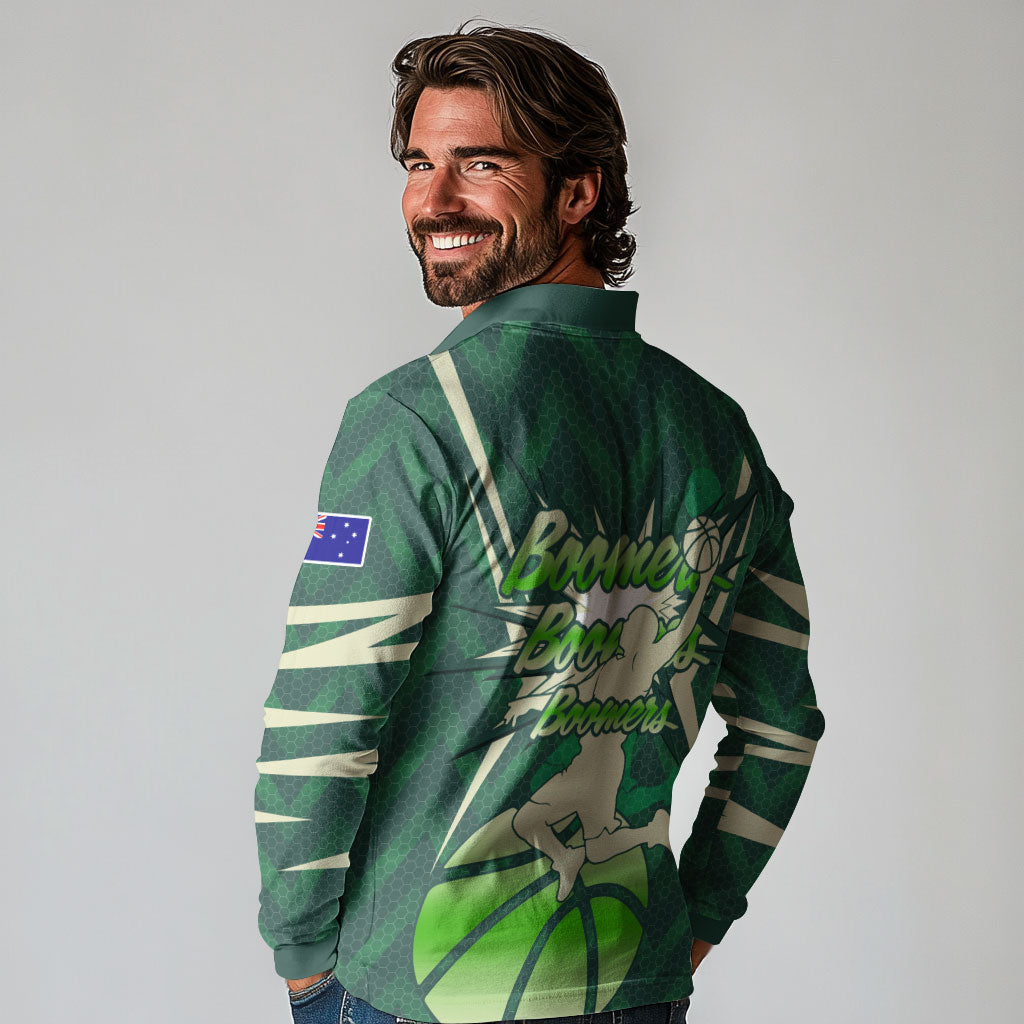 Australian Boomers Basketball Long Sleeve Polo Shirt Green Hexagon Camo Style With Dynamic Slam Dunk Graphic