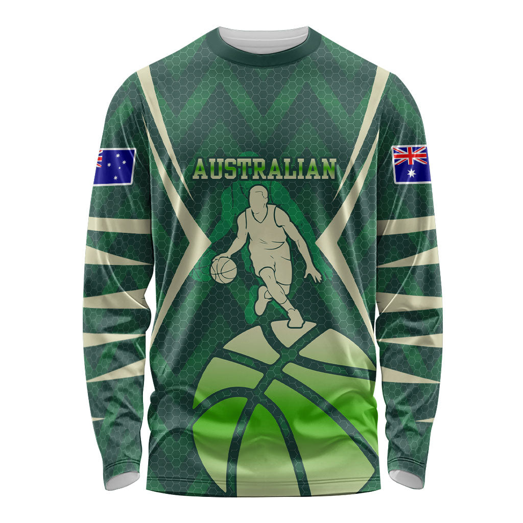 Australian Boomers Basketball Long Sleeve Shirt Green Hexagon Camo Style With Dynamic Slam Dunk Graphic
