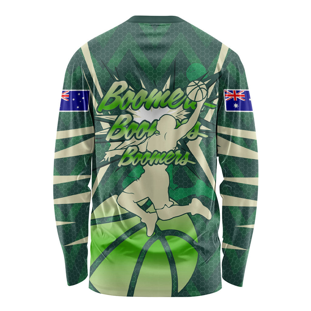 Australian Boomers Basketball Long Sleeve Shirt Green Hexagon Camo Style With Dynamic Slam Dunk Graphic