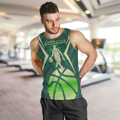 Australian Boomers Basketball Men Tank Top Green Hexagon Camo Style With Dynamic Slam Dunk Graphic