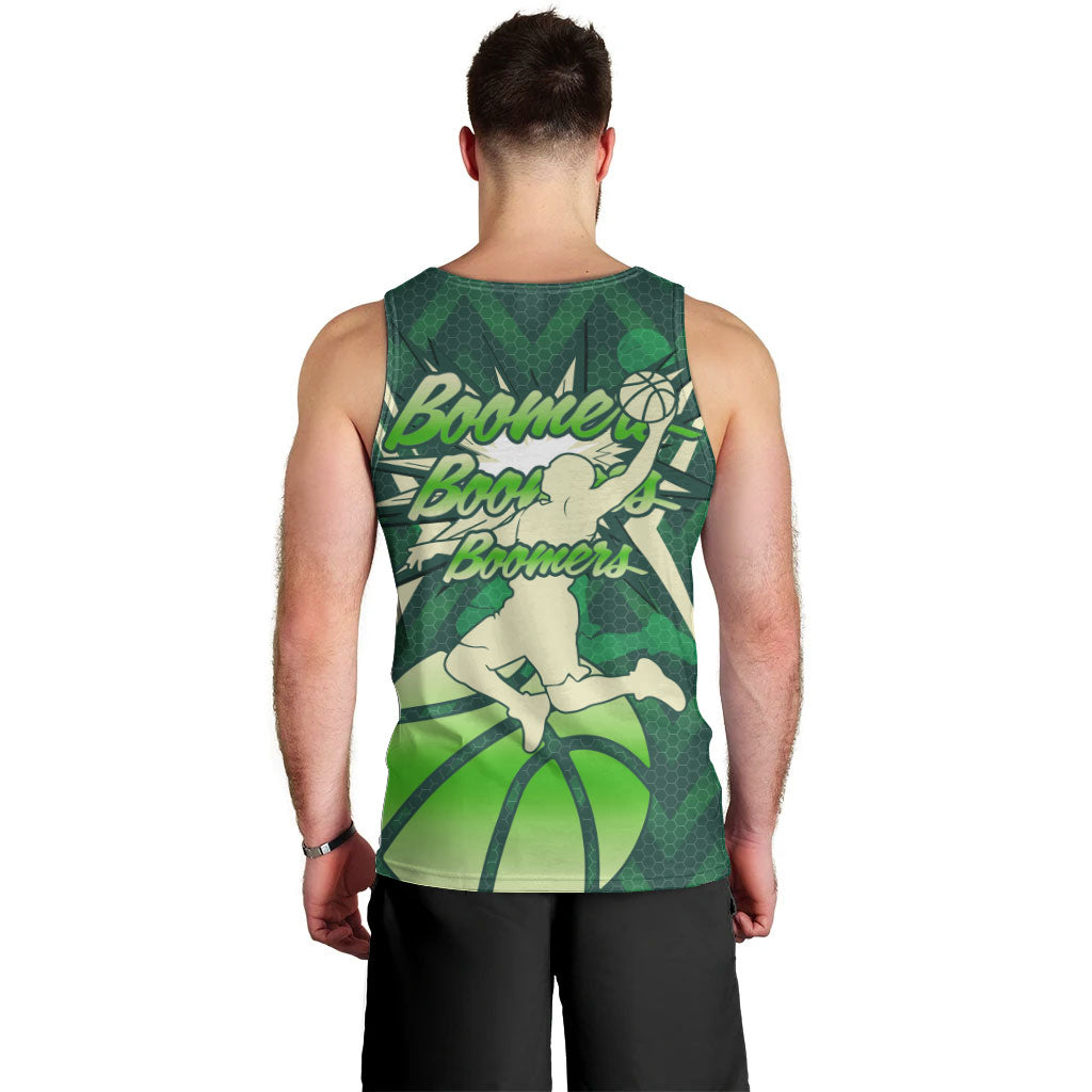 Australian Boomers Basketball Men Tank Top Green Hexagon Camo Style With Dynamic Slam Dunk Graphic