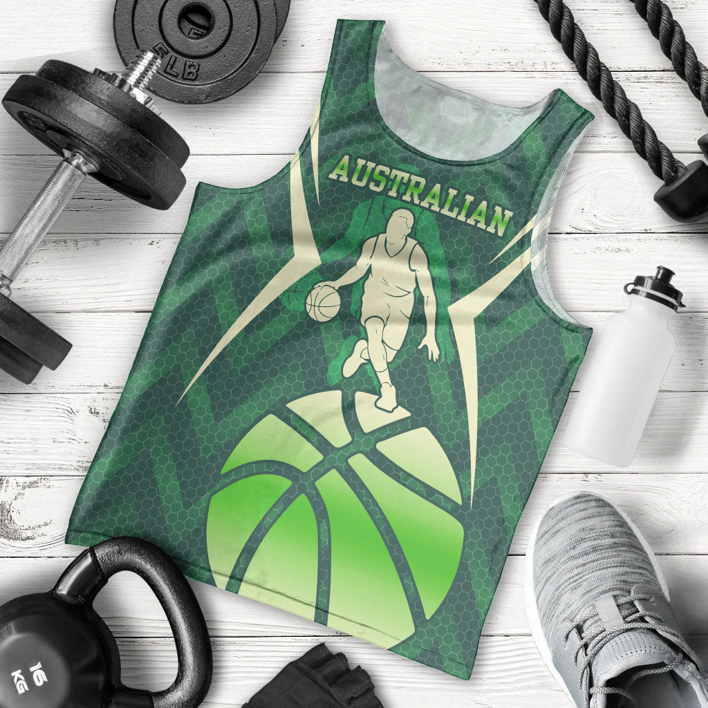 Australian Boomers Basketball Men Tank Top Green Hexagon Camo Style With Dynamic Slam Dunk Graphic