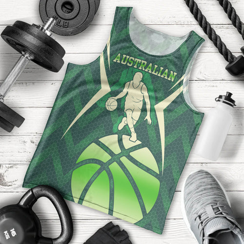 Australian Boomers Basketball Men Tank Top Green Hexagon Camo Style With Dynamic Slam Dunk Graphic