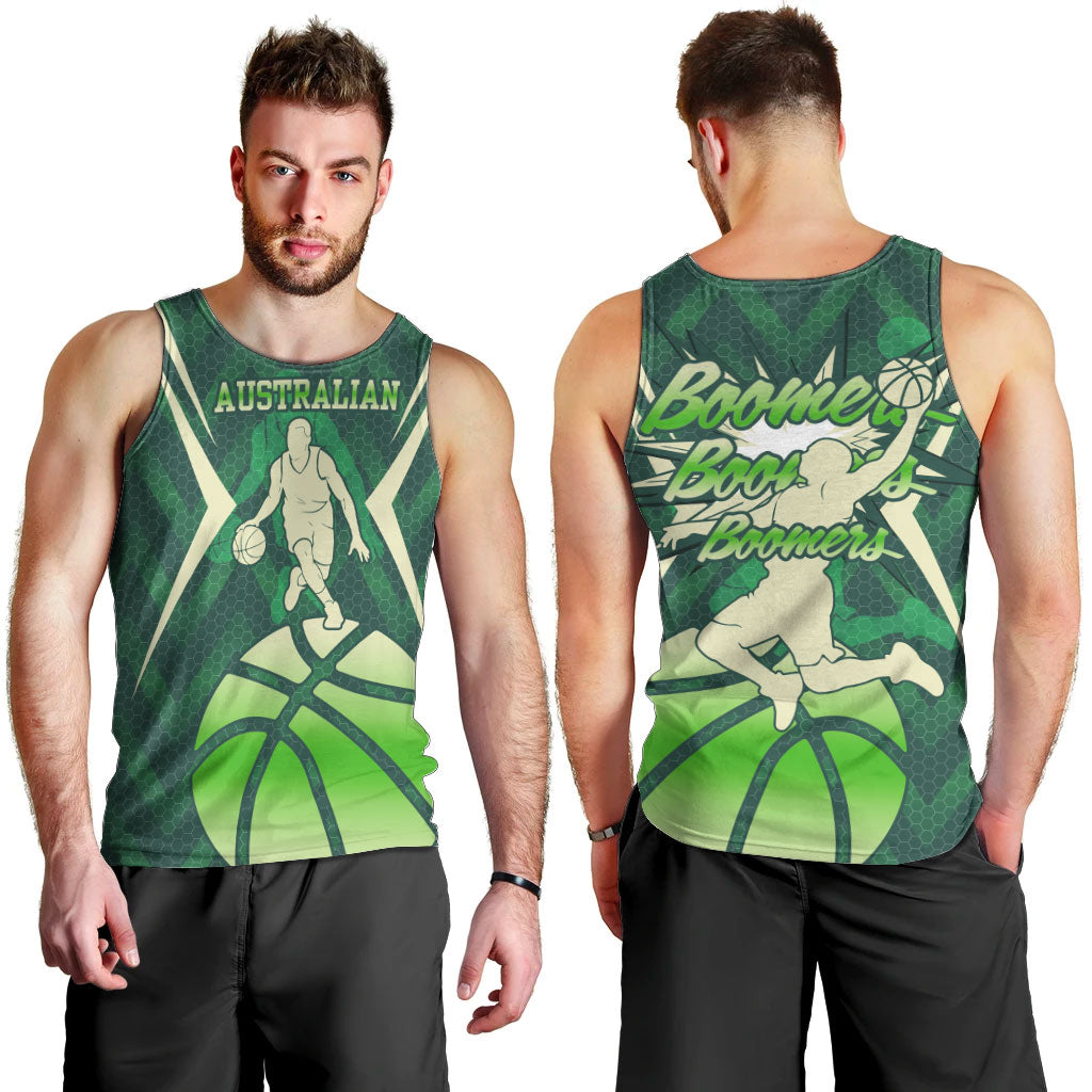 Australian Boomers Basketball Men Tank Top Green Hexagon Camo Style With Dynamic Slam Dunk Graphic