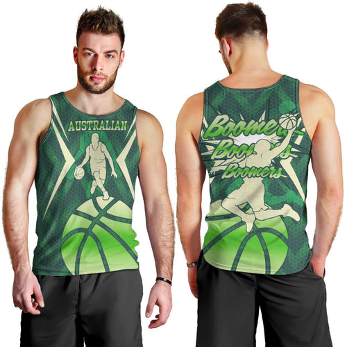 Australian Boomers Basketball Men Tank Top Green Hexagon Camo Style With Dynamic Slam Dunk Graphic